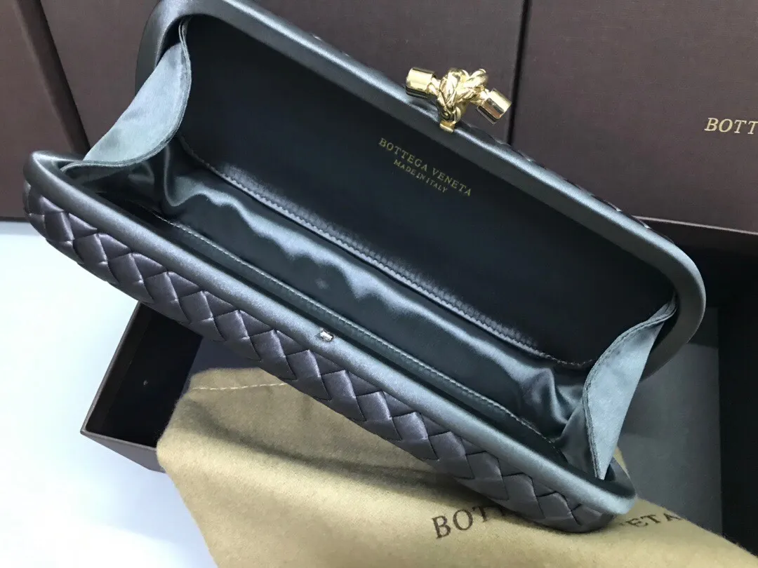 Style No. 8651, upgraded version of full silk evening bag inside and outside~~~INTRECCIATO woven IMPERO STRETCH KNOT clutch bag, hand-woven silk, smooth satin piping, Intrecciato engraved metal buckle, silk satin lining. Large size: 25cm*10cm*5cm